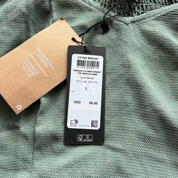 NWT Vero Moda Long Sleeve Crop Blouse in Sage Green Sz L - Picture 5 of 5